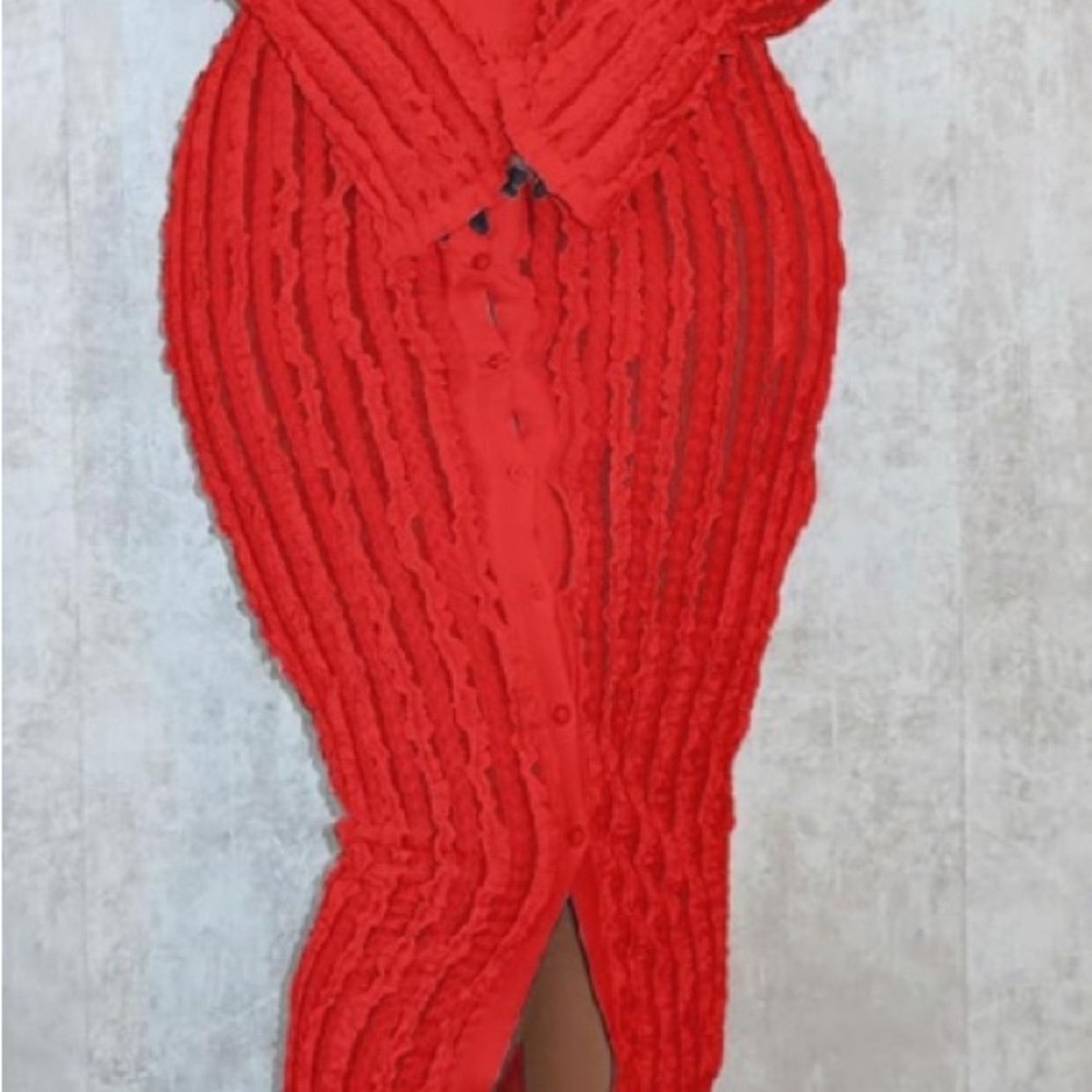 DRESS: Fire Engine Red Sheer Off Shoulder Ruffle Dress, NWOT - Picture 4 of 5
